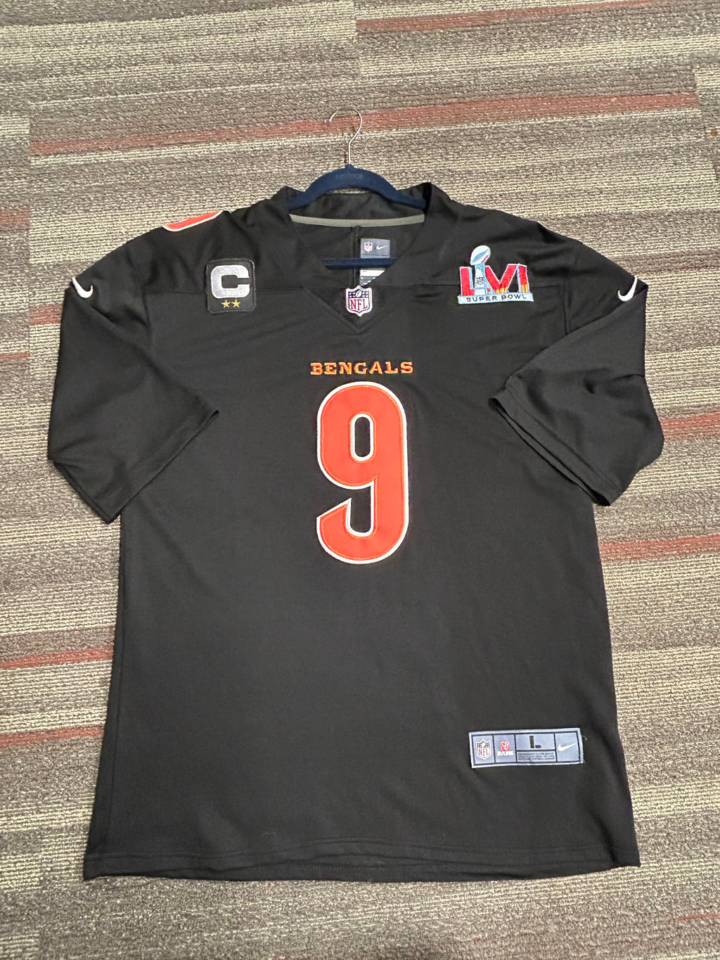 Nike On Field Joe Burrow Black Jersey Superbowl LVI Cincinnati Bengals #9 Size Large