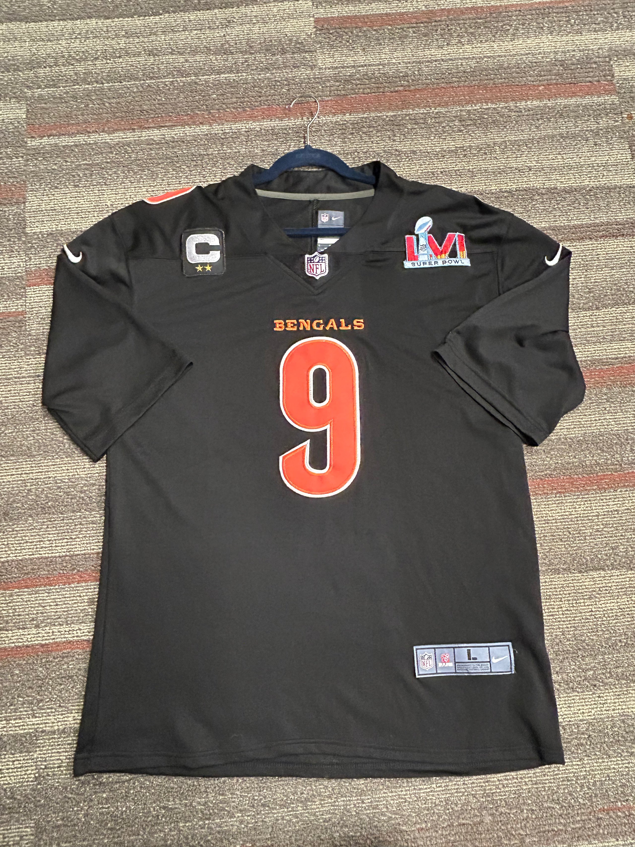 Nike On Field Joe Burrow Black Jersey Superbowl LVI Cincinnati Bengals #9 Size Large