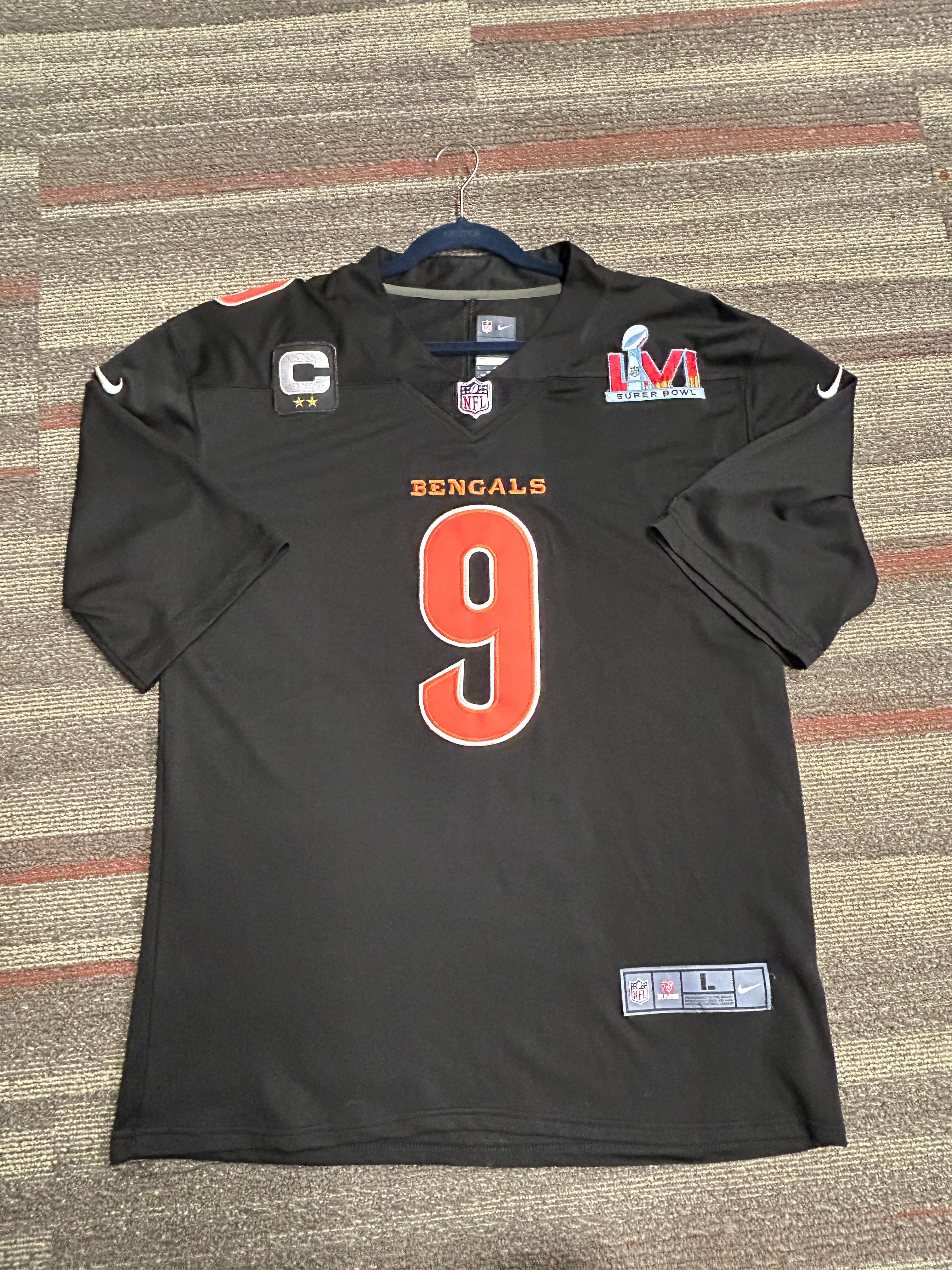 Nike On Field Joe Burrow Black Jersey Superbowl LVI Cincinnati Bengals #9 Size Large